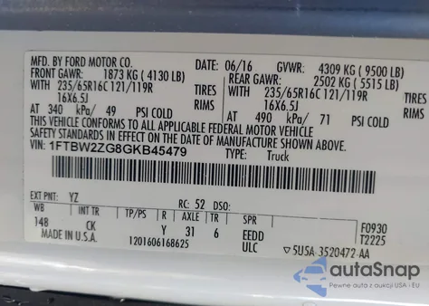 2016 Ford Transit-350 из США, поврежденный, VIN 1FTBW2ZG8GKB45479